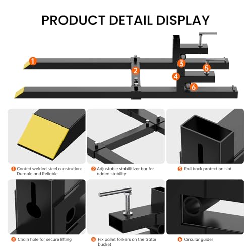 Heavy Duty 60" Clamp-On Pallet Forks for Tractor Bucket – 4000 lbs Capacity – Adjustable Stabilizer Bar – Skid Steer Loader Compatible – Fork Attachment for Material Handling