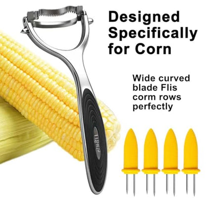 Corn Peeler Tool Set, Stainless Steel Corn Kernel Remover with Serrated Blade, Ergonomic Non-Slip Handle, Includes Corn Holders for Easy Corn Cutting