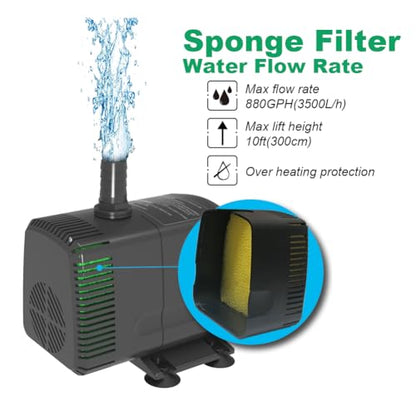 Knifel Submersible Water Pump 880GPH Pond Pump for Fountains - size: 880GPH Fixed flow