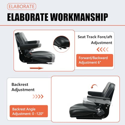 Universal Forklift Seat, Fold Down Tractor with Armrest, Retractable Safety Belt and Micro Switch for Excavator, Skid Loader, Backhoe, Dozer, Telehandler