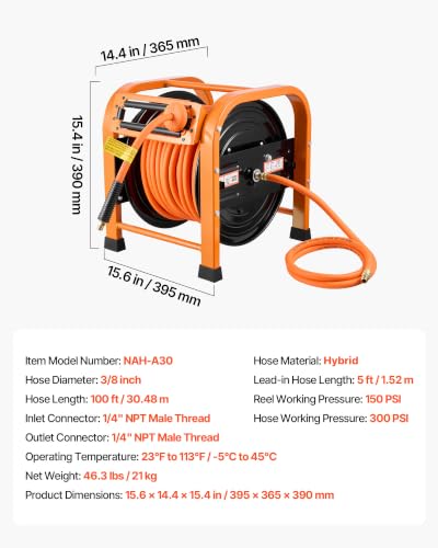 VEVOR Retractable Air Hose Reel, 3/8 Inch x 100 FT Hybrid Air Hose Max 300PSI, Auto Rewind Air-Compressor Hoses Reel with 5ft Lead in, Portable Freestanding Heavy Duty Steel Reel for Garages Workshops