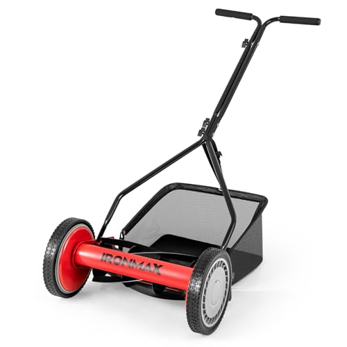 Goplus Manual Lawn Mower, 14 Inch 5-Blade Walk-Behind Cordless Grass Cutter with 7 Gallon Removable Grass Collect Bag, Adjustable Cutting Heights, Push Reel Lawn Mower for Yard, Garden - color: Red, size: 14 Inch