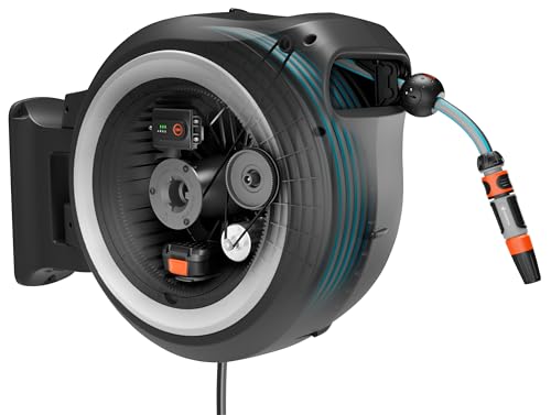 Gardena Battery-Powered Wall-Mounted Hose Box PowerRoll XL: 35m Garden Hose, Automatic Roll-Up, Black