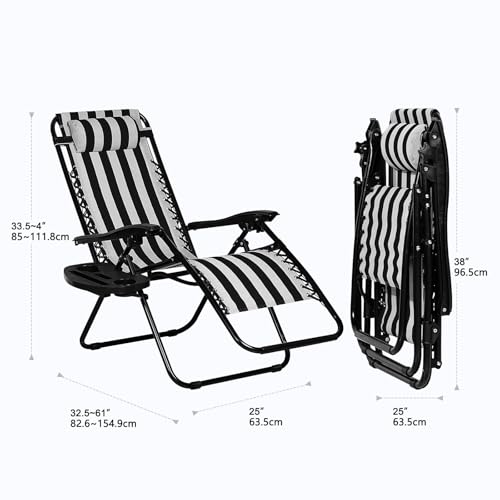 Nazhura Set of 2 Relaxing Recliners Patio Chairs Adjustable Steel Mesh Zero Gravity Lounge Chair Beach Chairs with Pillow and Cup Holder Khaki (Black/White Stripe) - color: Black/White Stripe