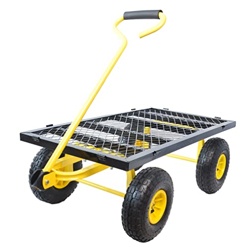 Steel Garden Cart, 2-in-1 600 lbs Heavy Duty Utility Wagon, with Removable Mesh Sides to Convert into Flatbed, 240° U-Turn 10" Pneumatic Tires Garden Wagon for Farm Yard Lawn Garden Camping (Yellow) - color: Yellow