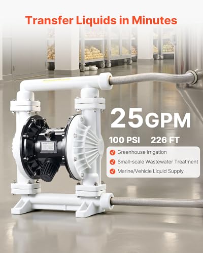 VEVOR Air Operated Double Diaphragm Pump, 25 GPM, 1 inch Inlet & Outlet Pneumatic Waste Oil Transfer Pump, Max 100 PSI, Polypropylene Body, Air-Operated for Diesel, Grease, Kerosene, Gasoline & Oil - style: 1inch 25GPM Polypropylene