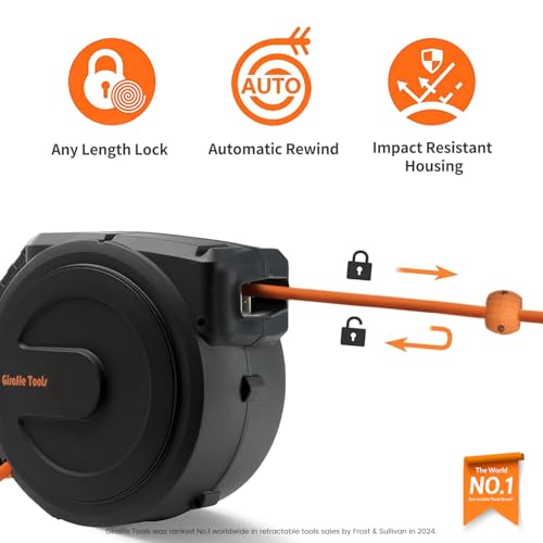 Giraffe Tools Retractable Air Hose Reel Enclosed with 3/8" x 50 ft, 300 PSI - color: Black