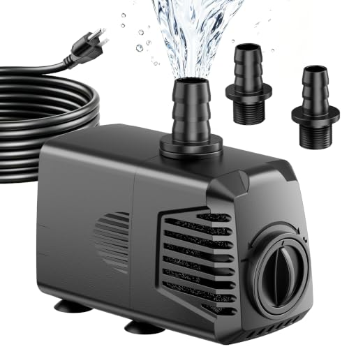 POPOSOAP 400GPH Submersible Water Pump, Water Fountain (1500L/H, 24W) with 6.6FT High Lift Adjustable & 2 Nozzles & 9.8FT Cord, Ultra Quiet Aquarium Pump for Pond Fountain Waterfall Hydroponics-Q103 - size: 400GPH
