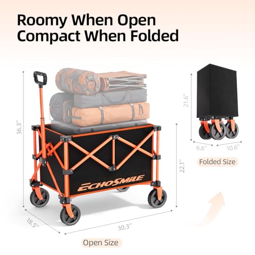 EchoSmile Light Collapsible Wagon Cart, Foldable for Camping, Black&Orange - color: Black&orange
