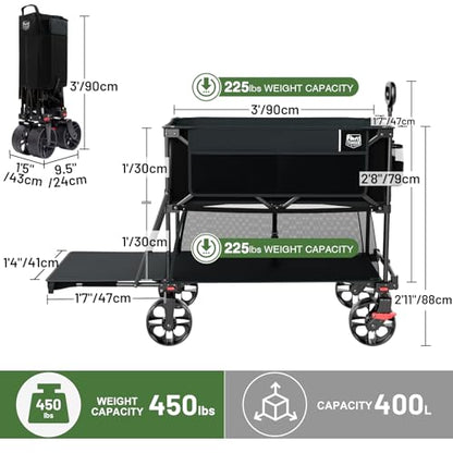 TIMBER RIDGE 400L Folding Double Decker Wagon with Brakes, 54" Extra Long - color: Black, size: Double Decker