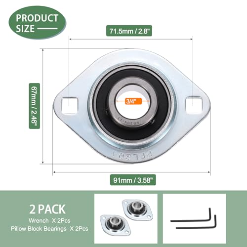 3/4" Pressed Steel 2-Bolt Flange Bearing, SBPFL204-10 with Wrench - size: SBPFL204-12( ID:3/4")
