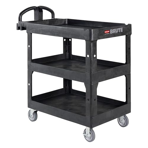 Rubbermaid Commercial Brute 3-Shelf Heavy-Duty Utility/Service Cart, Medium, High Storage, Lipped Shelves, Ergonomic Handle, 600 lb. Capacity, Ideal for Warehouse/Garage/Cleaning/Maintenance/Office - color: Black, size: Medium, style: 3-Shelf