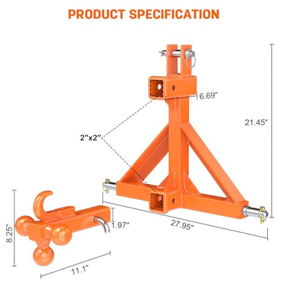 3 Point Hitch Receiver Attachment with Dual 2” Receiver for Cat.1 Tractors