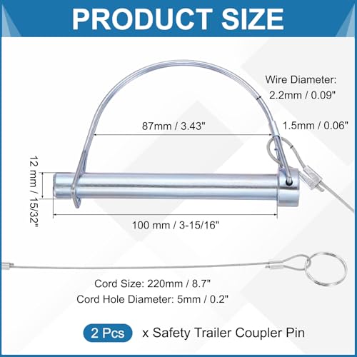 PATIKIL 2 Pcs Trailer Coupler Pins, 15/32" x 1-9/16" (12mm x 100mm) D Shape Shaft Locking Pin with Ear Extended Cord Quick Release Ring Round Arch Wire Retainer for Farm Trailers Hitches - size: 15/32" x 3-15/16"