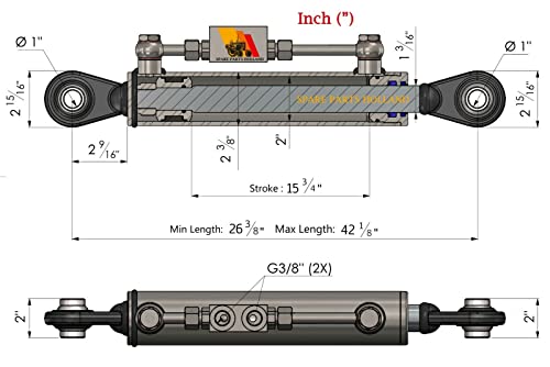 Hydraulic Top Link Cat. 2-2 with Locking Block 26 3/8” - 42 1/8” with 2 x Hoses