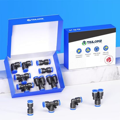 TAILONZ PNEUMATIC 6mm od Push to Connect Fittings Pneumatic Fittings Kit 2 Spliters+2 Elbows+2 tee+2 Straight (8 pcs) - color: Blue, size: 6MM OD/8PCS