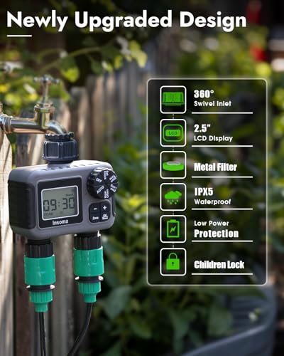 Insoma 2-Zone Sprinkler Timer, Programmable Garden Hose Timer with Auto/Manual/Rain Delay Modes | Water-Saving Irrigation Controller for Lawn, Yard & Drip Systems | Waterproof Design & Easy Setup