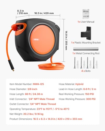 VEVOR Retractable Air Hose Reel, 3/8 Inch x 80 FT Hybrid Air Hose Max 300PSI, Enclosed Air-Compressor Hoses Reel Auto Rewind with 6.6 ft Lead in, 180° Swivel Ceiling/Wall Mount for Workshops - size: 3/8IN x 80FT