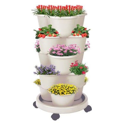 5-Tier Vertical Garden Tower Stackable Planter for Strawberries, Flowers, Vegetables & Herbs Beige - color: Beige, size: 1 Pack