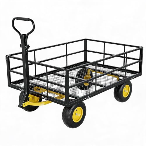 Steel Garden Cart on Wheels, 1400 Lbs Heavy Duty Yard Utility Wagon with Removable Mesh Sides, All Terrain Pneumatic Tires, Durable Metal Frame for Lawn, Garden, Farm - Black Yellow - color: Black+yellow, size: 1400LBS