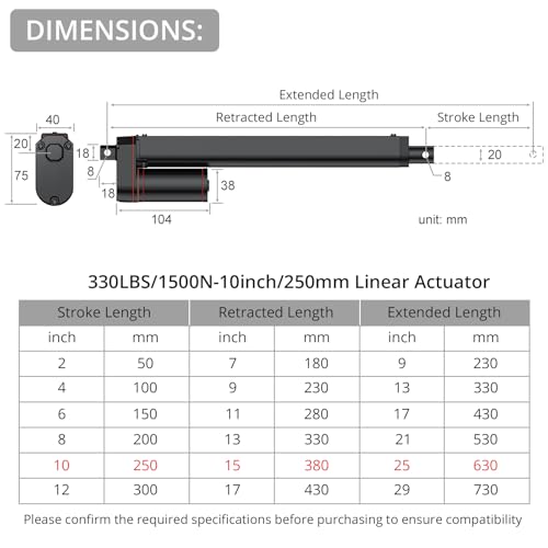 Justech 330LBS/1500N-10inch/250mm 12V Linear Actuator with Bracket, Black - size: 1500N-250mm