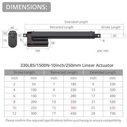 Justech 330LBS/1500N-10inch/250mm 12V Linear Actuator with Bracket, Black - size: 1500N-250mm