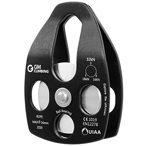 GM CLIMBING Large Rescue Pulley 32kN Single Sheave with Swing Plate CE UIAA Certified - color: Black | 1 Pack