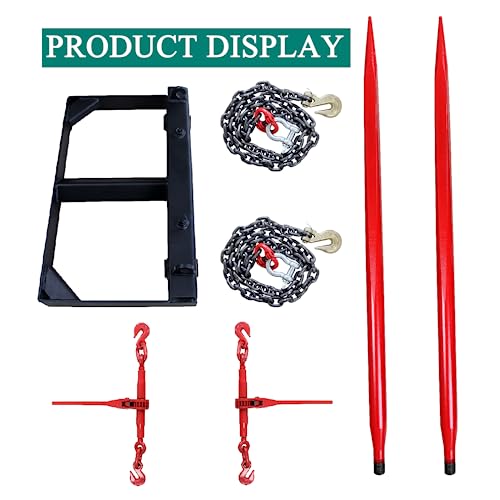 49" Dual Hay Bale Spear Attachment, 3000lbs Load Capacity Universal Front Skid Steer Tractor Loader Bucket, 2 Chains and Ratchet Binders Included