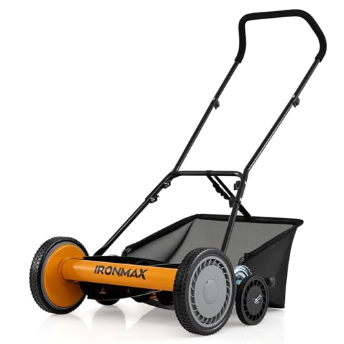 Goplus 18 Inch Push Reel Lawn Mower, 5-Blade Manganese Steel Manual Grass Cutter, 4-Position Adjustable Height, Removable Grass Catcher, Quiet No-Motor Walk-Behind Mower for Yard, Lightweight - color: Orange, size: 18 Inch