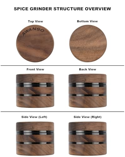 3-Piece Grinder, 2.5" Walnut Wood & Aluminum Grinder for Kitchen Spices with Large Bottom Chamber