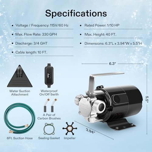 VIVOSUN 1/10HP Water Transfer Pump, 330 GPH Utility Pump with ON/OFF Switch - size: 9"×8"-330 with ON/OFF Switch