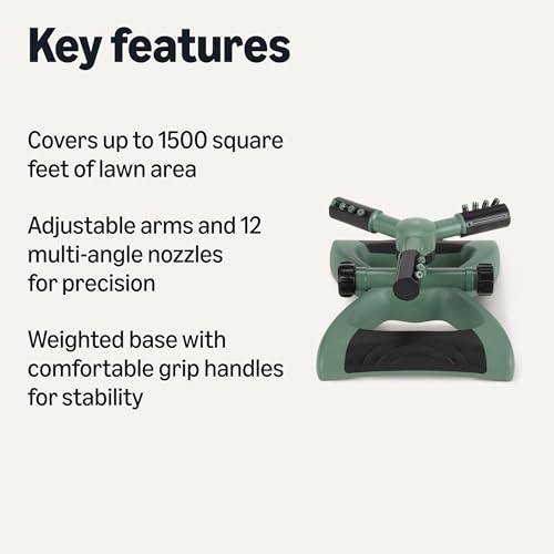 Amazon Basics Whirling Rotating Lawn Sprinkler with Adjustable Arms, 1500 sq ft Coverage, Black - style: Rotary