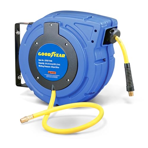 Goodyear Air Hose Reel Retractable 3/8" Inch x 50' Foot Hybrid Polymer Hose Max 300PSI Commerical Polypropylene Construction - color: Air/Water Reel