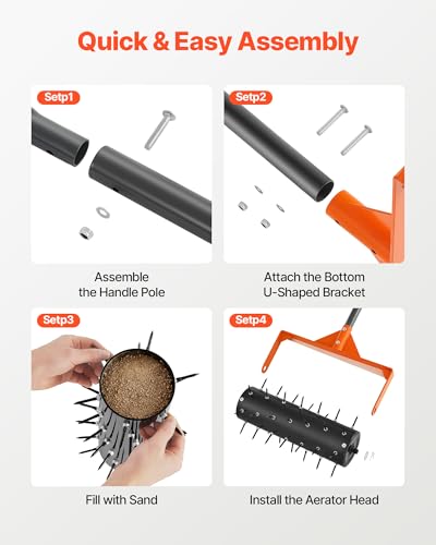 VEVOR Rolling Lawn Aerator, 15 in Manual Push Aerator Roller with 42 Spikes & 60 in Long Handle, Fillable Drum for Added Weight, Heavy-Duty Lawn Soil Penetrator for Garden Yard Compacted Soils - size: 15-inch, style: Rolling
