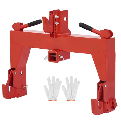 Heavy Duty 3-Point Quick Hitch Adapter for Category 1 Tractors, 3000 lbs Lift Capacity, 2" Receiver, Adjustable Bolt, Reinforcing Rib, No Bushings, Fast Connect + a Pair of Gloves - color: Red1