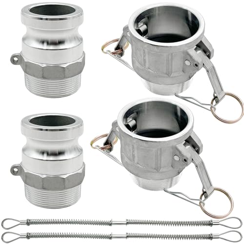 SAFBY 2PCS Type B, Type F, Aluminum Cam Lock Fittings Cam Groove Fitting Camlock Fittings, Male and Female Adapter Male NPT Thread with Whip Stop Hose Restraint - size: 2 inch B+F