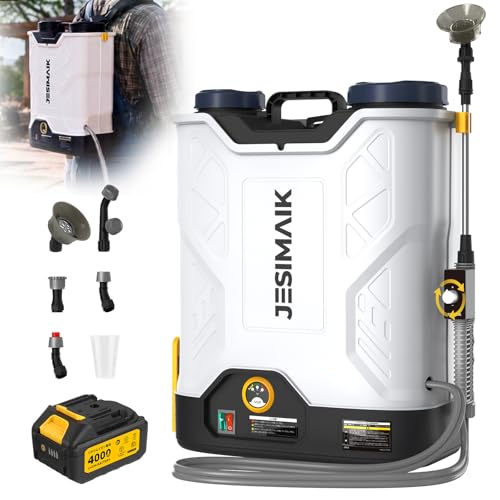 JESIMAIK Backpack Sprayer with Agitator, 120 PSI Handle-Mounted Pressure Control, 4.8 Gallon, 4.0Ah Battery Powered Weed Sprayer with Telescopic Wand & 5 Nozzles for Lawn & Garden - color: whitish