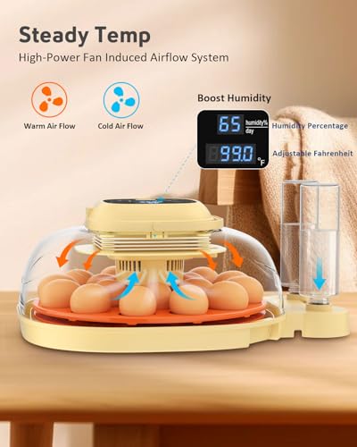 18 Egg Incubator for Hatching Eggs with Automatic Turning, Digital Temperature & Humidity Control, Built-in Egg Candler & Auto Water Refill, 360° Clear View for Chicken, Beige+Orange