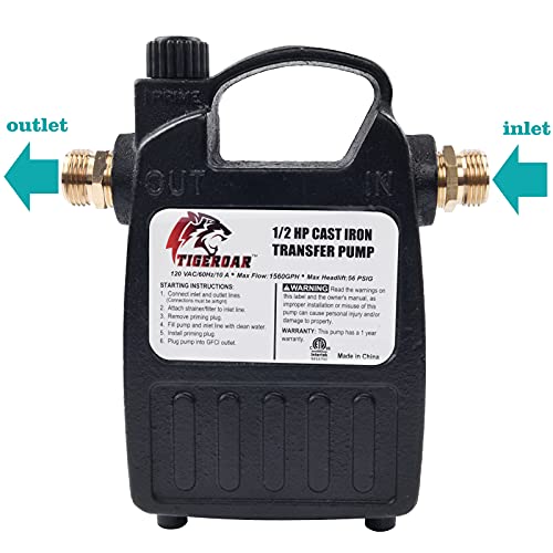 TIGEROAR 120V Water Transfer Pump 1560 GPH Cast Iron 1/2 HP Electric Pump
