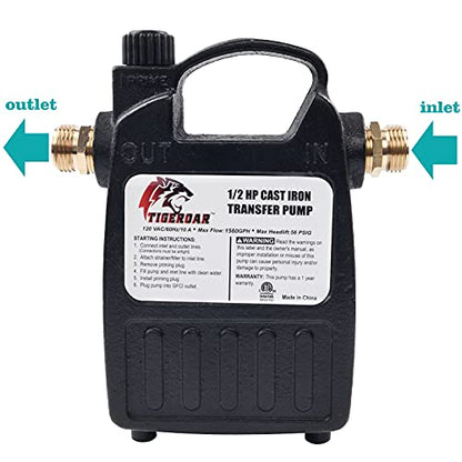 TIGEROAR 120V Water Transfer Pump 1560 GPH Cast Iron 1/2 HP Electric Pump
