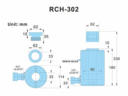 AMZCNC 30 Ton Hollow Hydraulic Ram Cylinder, 2 Inch, Single Acting - size: 30T 2Inch
