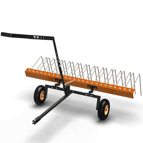 60 Inch Tow Behind Lawn Dethatcher, Tow Behind Steel Pine Straw Rake - color: Orange