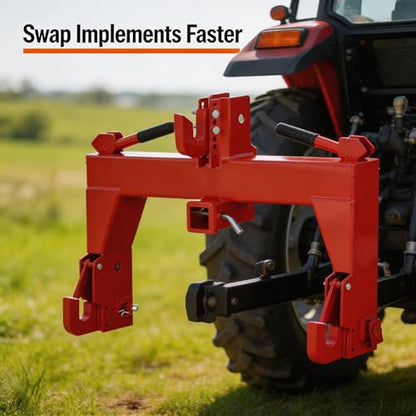 3-Point Quick Hitch for Tractors, 28 in Lower Arm Spacing, 3000 Lb Lift Capacity, 5-Position Adjustable Top Hook, Bolt-on No-Weld/No-Drill Adapter, Heavy-Duty 3x3 Steel, Powder-Coated Red - color: Red with Gloves
