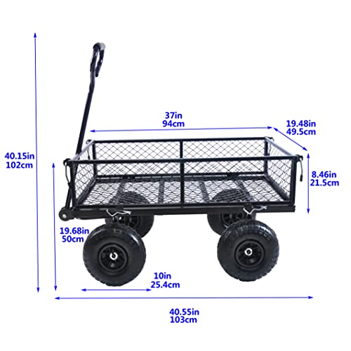 Steel Garden Cart, 2-in-1 600 lbs Heavy Duty Utility Wagon, with Removable Mesh Sides to Convert into Flatbed, 240° U-Turn 10" Pneumatic Tires Garden Wagon for Farm Yard Lawn Garden Camping (black) - color: Black