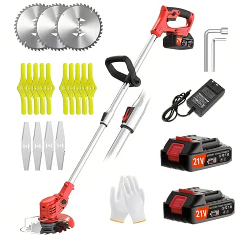 Weed Wacker Electric Weed Cordless Eater, 21V Brush Cutter Battery Powered Weed Wacker,String Trimmers Includes 2 x1.5 Ah Battery,3 in 1 Stringless Lightweight Grass Trimmer/Mower for Garden (Red) - color: Red