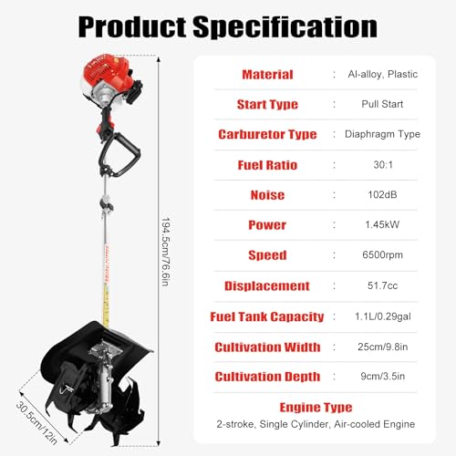 1.45kW Gasline Powered Mini Tiller, 9-Inch Tilling Width - size: 2-Stroke 51.7cc