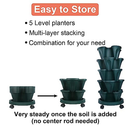 DUNCHATY Stackable Vertical Garden Planter with Wheels, 5 Tier Herb Planter Pots for Growing Vegetables and Succulents, Pine Green - color: Dark Green, size: 5Tier-1 Pack