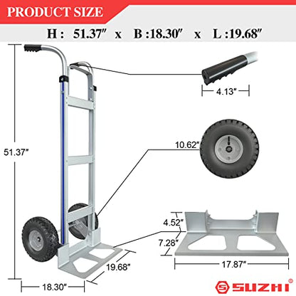 Suzhi Two Large Wheel Hand Truck Dolly Cart with Wheels Heavy Duty/with 2 Wheels / 600Lbs Load, 2 Straps for Furniture/Appliance/Carton/Warehouse/Office /10 Minutes to Install as Video - color: White