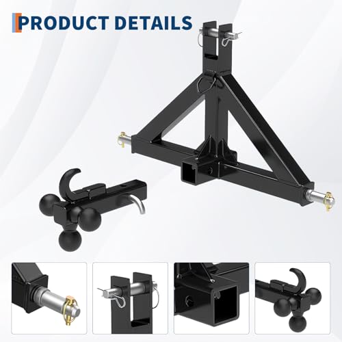 Garvee 3 Point Hitch Receiver with 2 in Receiver, 3 Ball & Hook - color: Black-1, size: 33"x 17.5"