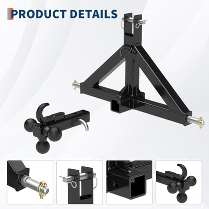 Garvee 3 Point Hitch Receiver with 2 in Receiver, 3 Ball & Hook - color: Black-1, size: 33"x 17.5"